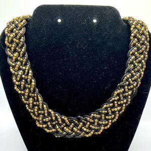 *3/$20* Vintage woven black cord and gold / bronze tone beaded collar necklace
